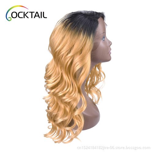 high temperature fiber wavy factory wholesale light brown ombre color synthetic lace front wig